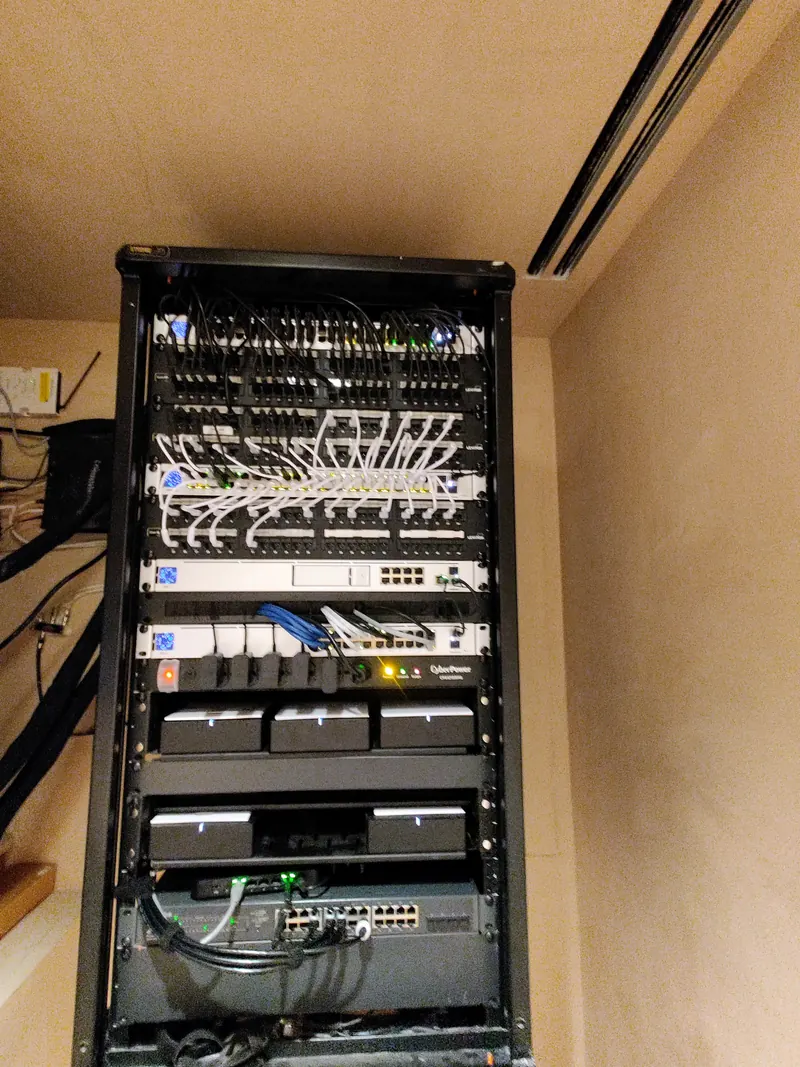 Network closet showing cable management, patch panel terminations, and power distribution