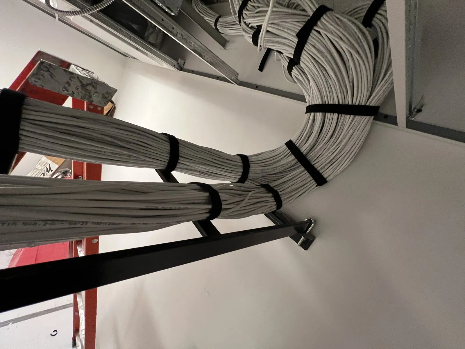 Bundled category cable dressed along an overhead ladder rack on a NYC commercial cabling job