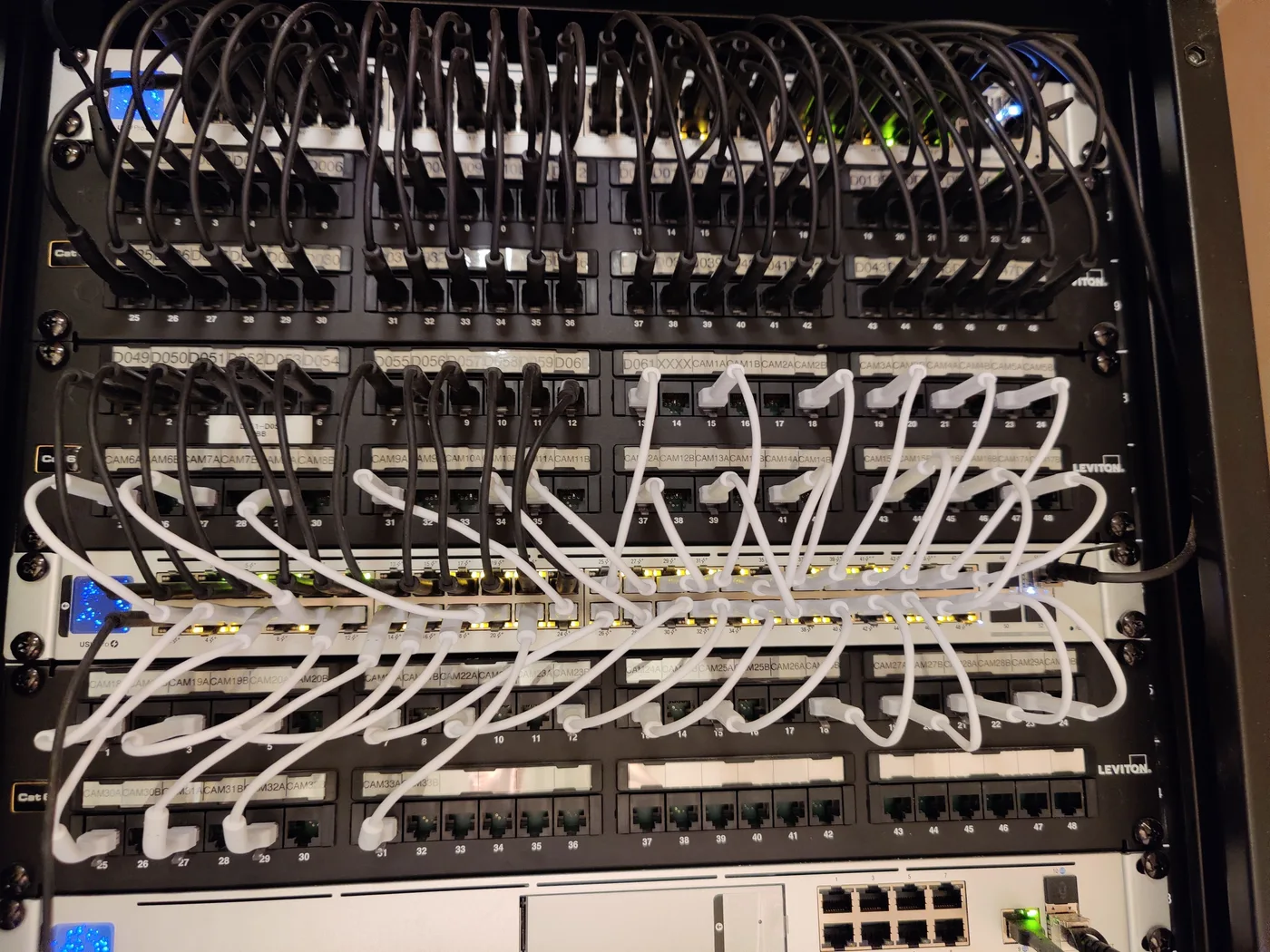 Network patch panels with neatly dressed patch cords, structured cabling by Sage Solutions
